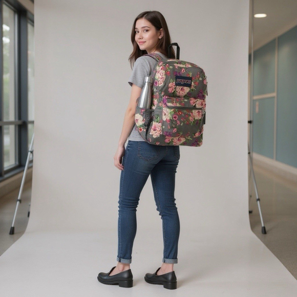 JanSport Cross Town School Backpack With Front Pocket Grey Bouquet Floral Print - Picture 13 of 15